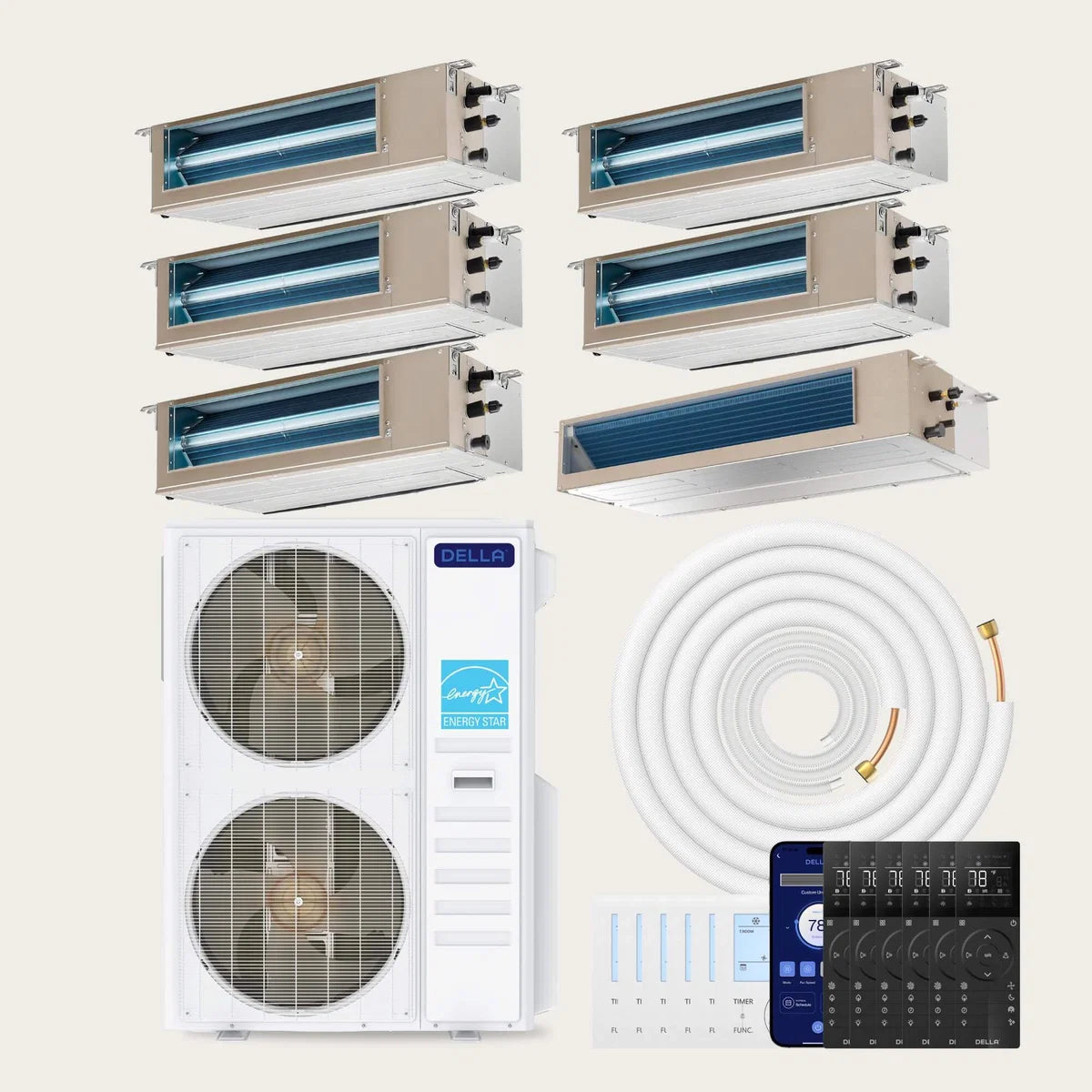 DELLA 55000 BTU Six Zone Concealed Ducted Mini Split Heat Pump AC (9.5K+9.5K+9.5K+9.5K+11K+22K)