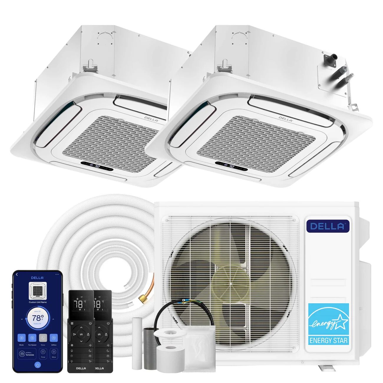 DELLA 18,000 BTU Dual Zone Ceiling Cassette Mini Split AC (12K+12K)
