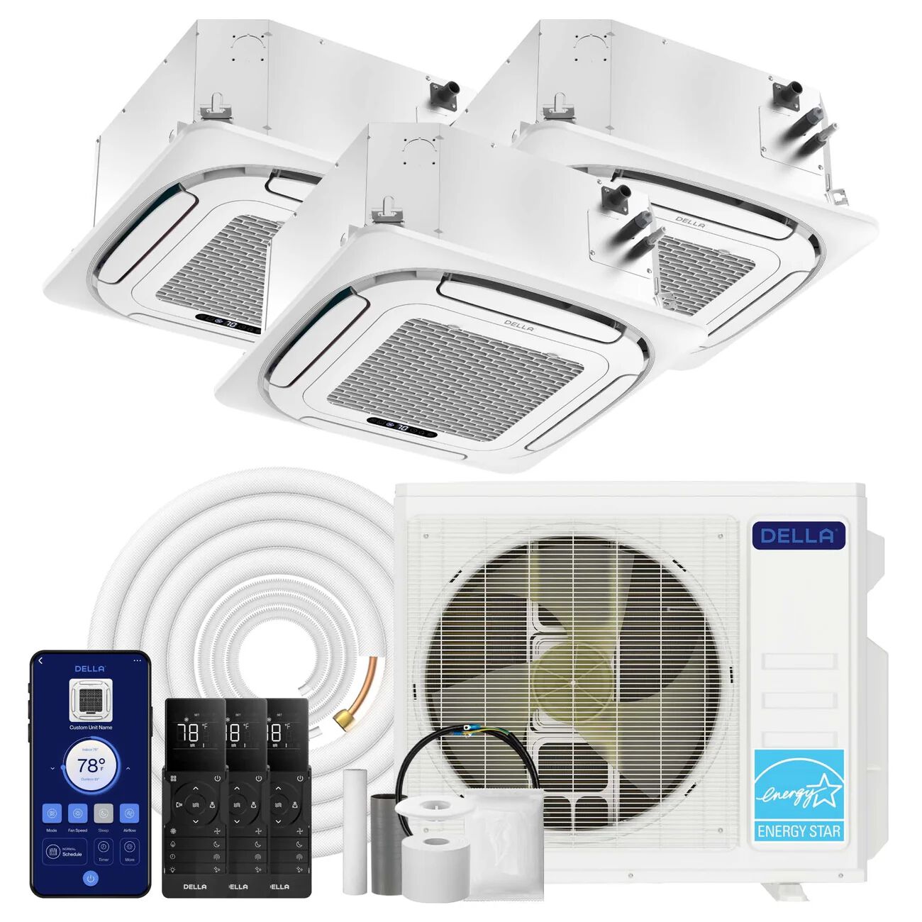 DELLA 27,000 BTU Tri-Zone Ceiling Cassette Mini Split AC (12K+12K+12K)