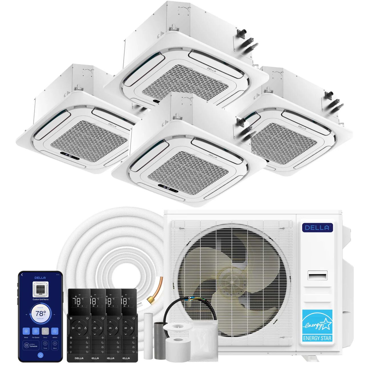 DELLA 35,000 BTU Quad Zone Ceiling Cassette Mini Split AC (9K+12K+12K+12K)