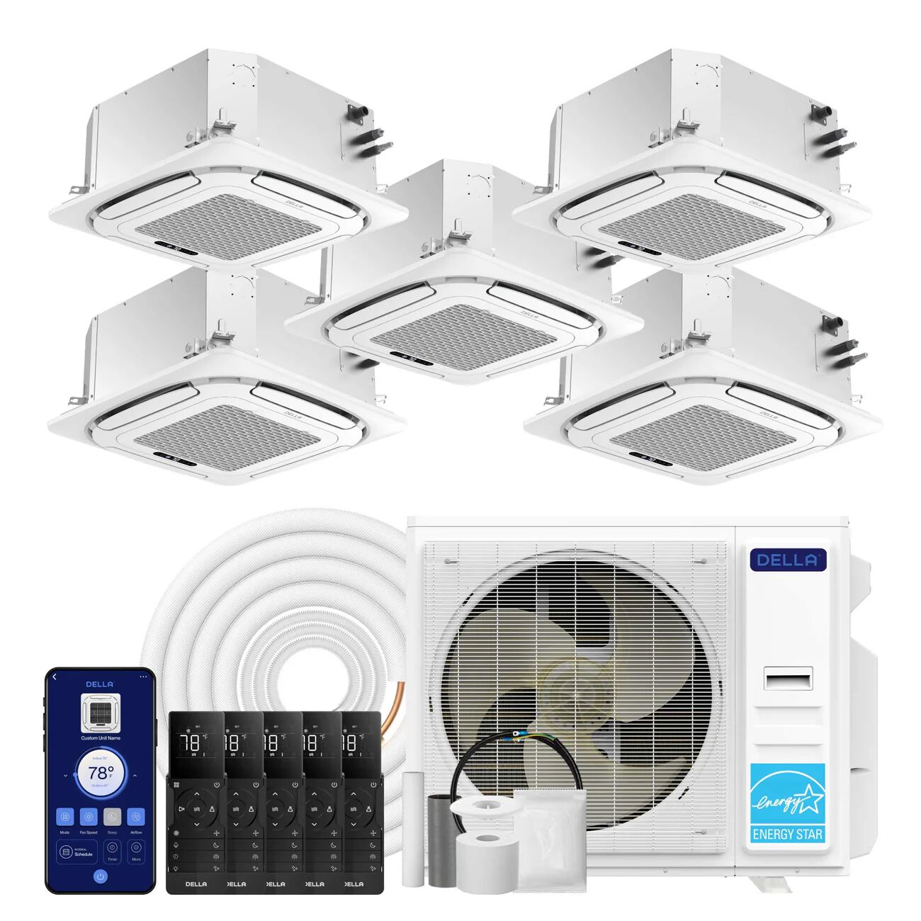 DELLA 42,000 BTU Five Zone Ceiling Cassette Mini Split AC (9K+9K+12K+12K+12K)