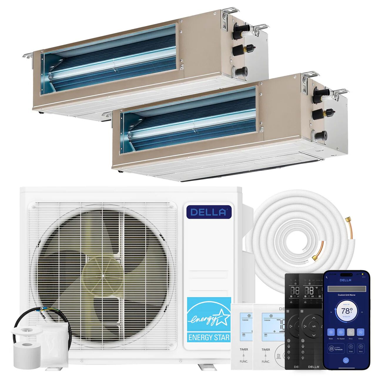 DELLA 17,000 BTU Dual Zone Concealed Ducted Mini Split Heat Pump AC (9.5K+9.5K)