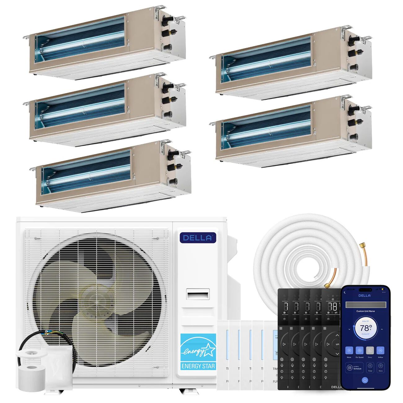 DELLA 41,000 BTU Five Zone Concealed Ducted Mini Split Heat Pump AC (9.5K+9.5K+9.5K+9.5K+9.5K)