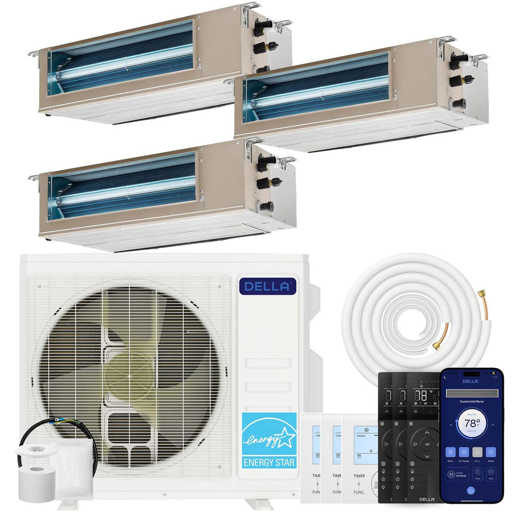 DELLA 27,000 BTU Tri-Zone Concealed Ducted Mini Split Heat Pump AC (9.5K+9.5K+9.5K)