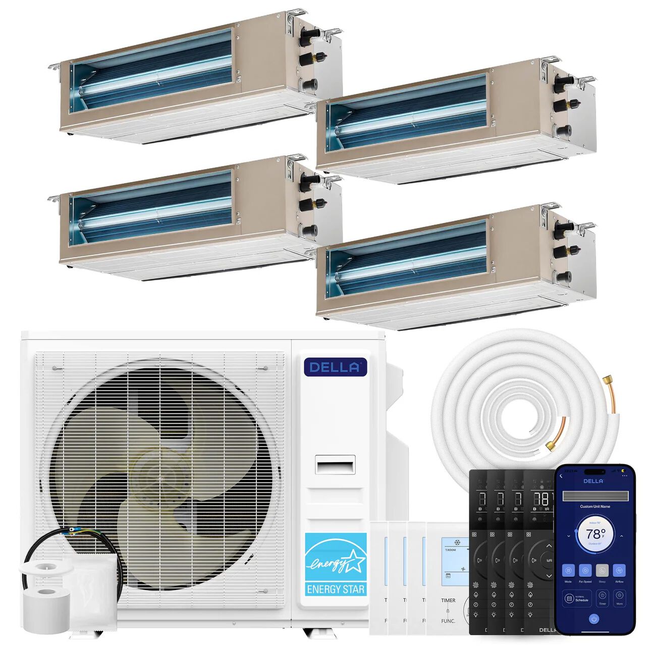 DELLA 34,000 BTU Quad Zone Concealed Ducted Mini Split Heat Pump AC (9.5K+9.5K+9.5K+9.5K)