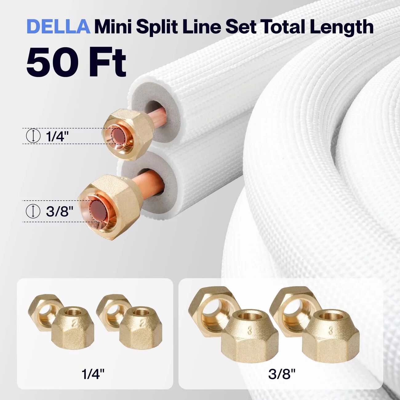 DELLA Mini Split Line Set - 50FT Line Set 3/8" and 1/4"