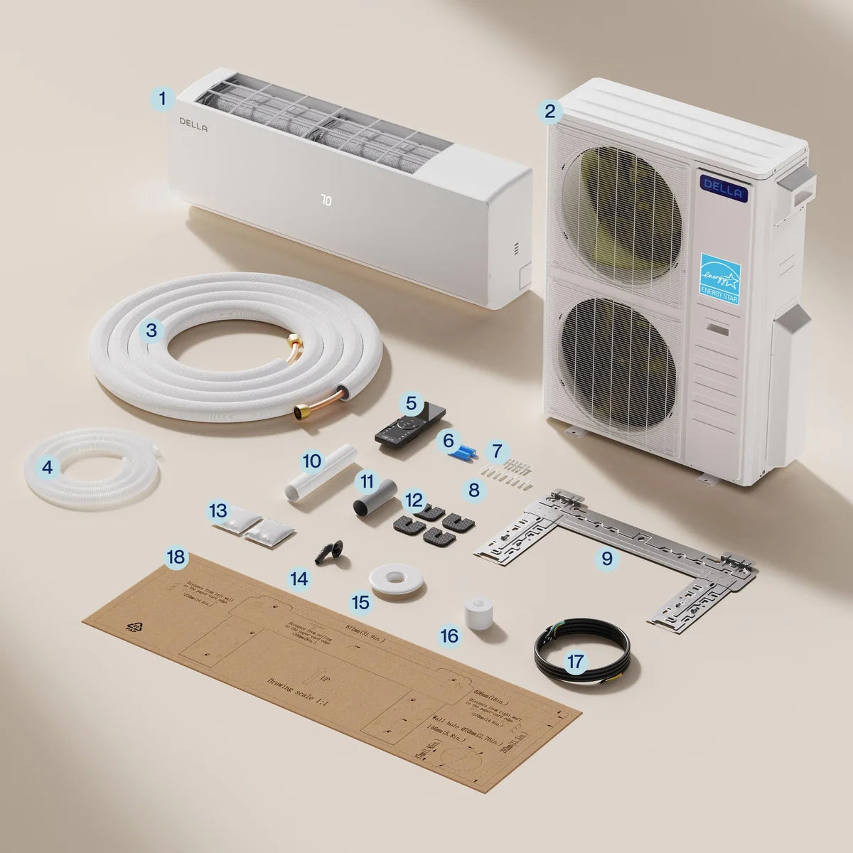 DELLA Vario Series 55000 BTU Six Zone Mini Split AC (9K+9K+9K+9K+12K+12K) - Up to 2700 Sq.Ft.